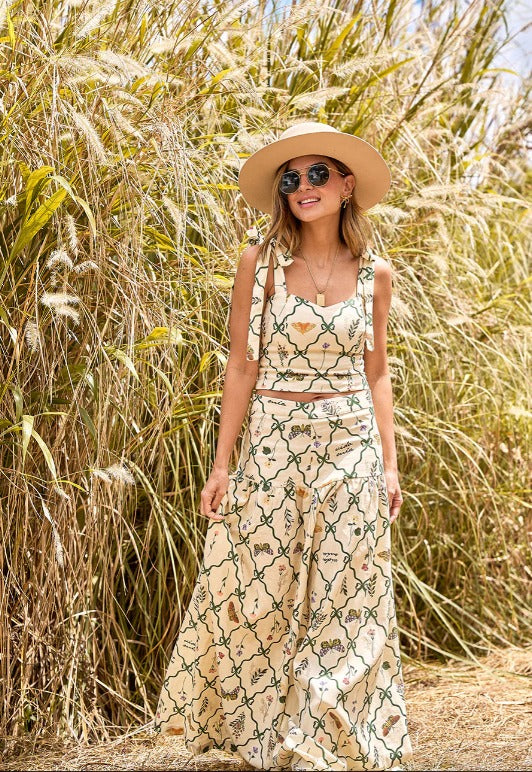 Falda Larga en Lino Estampado