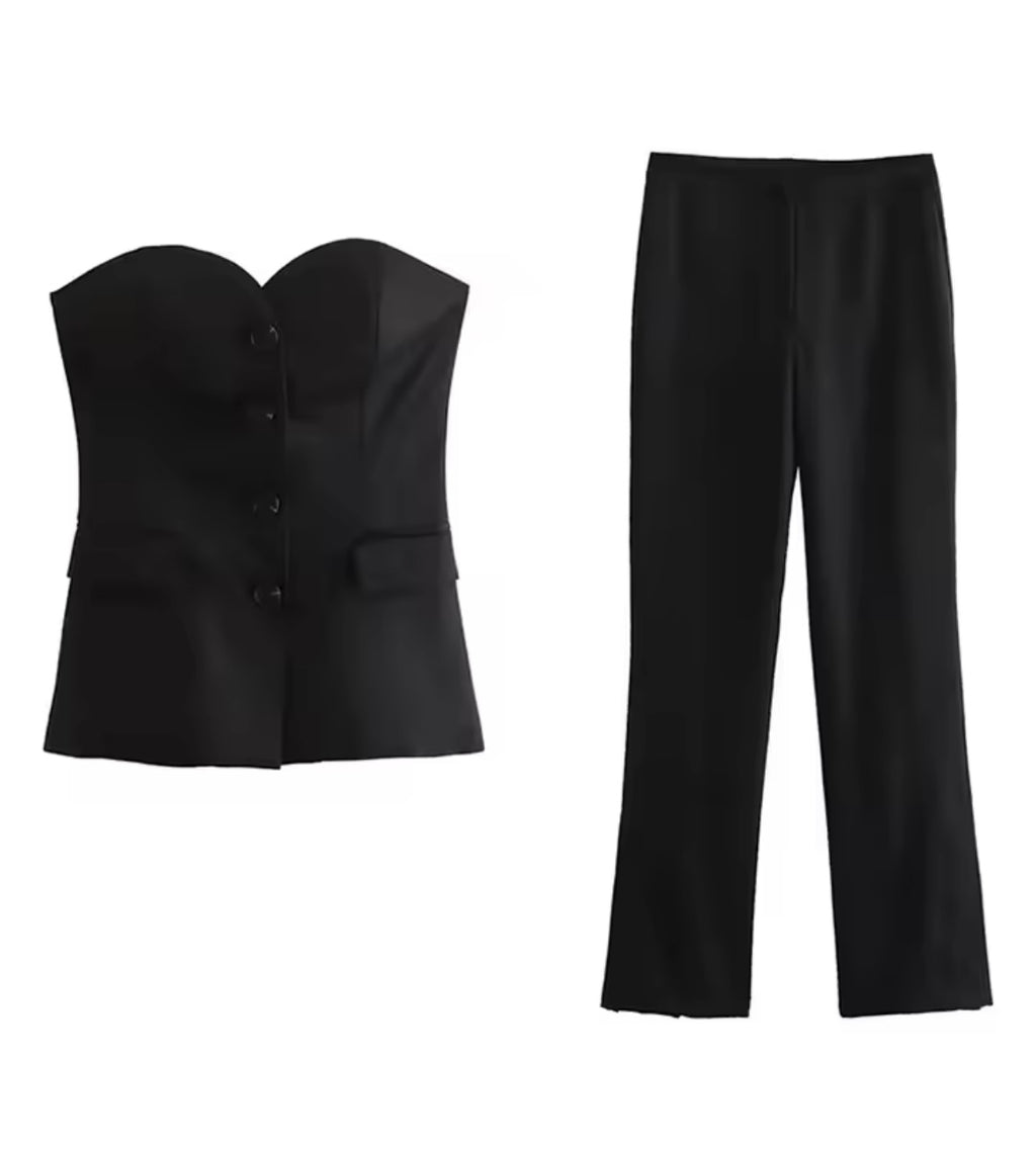 Conjunto Negro Top Strapless con Pantalón