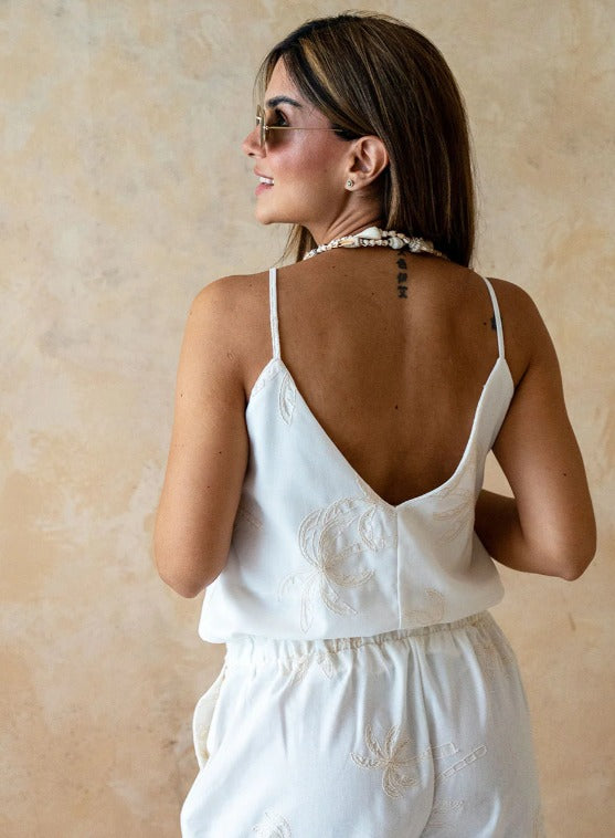 Blusa de Tiras Lino Bordada Marfil