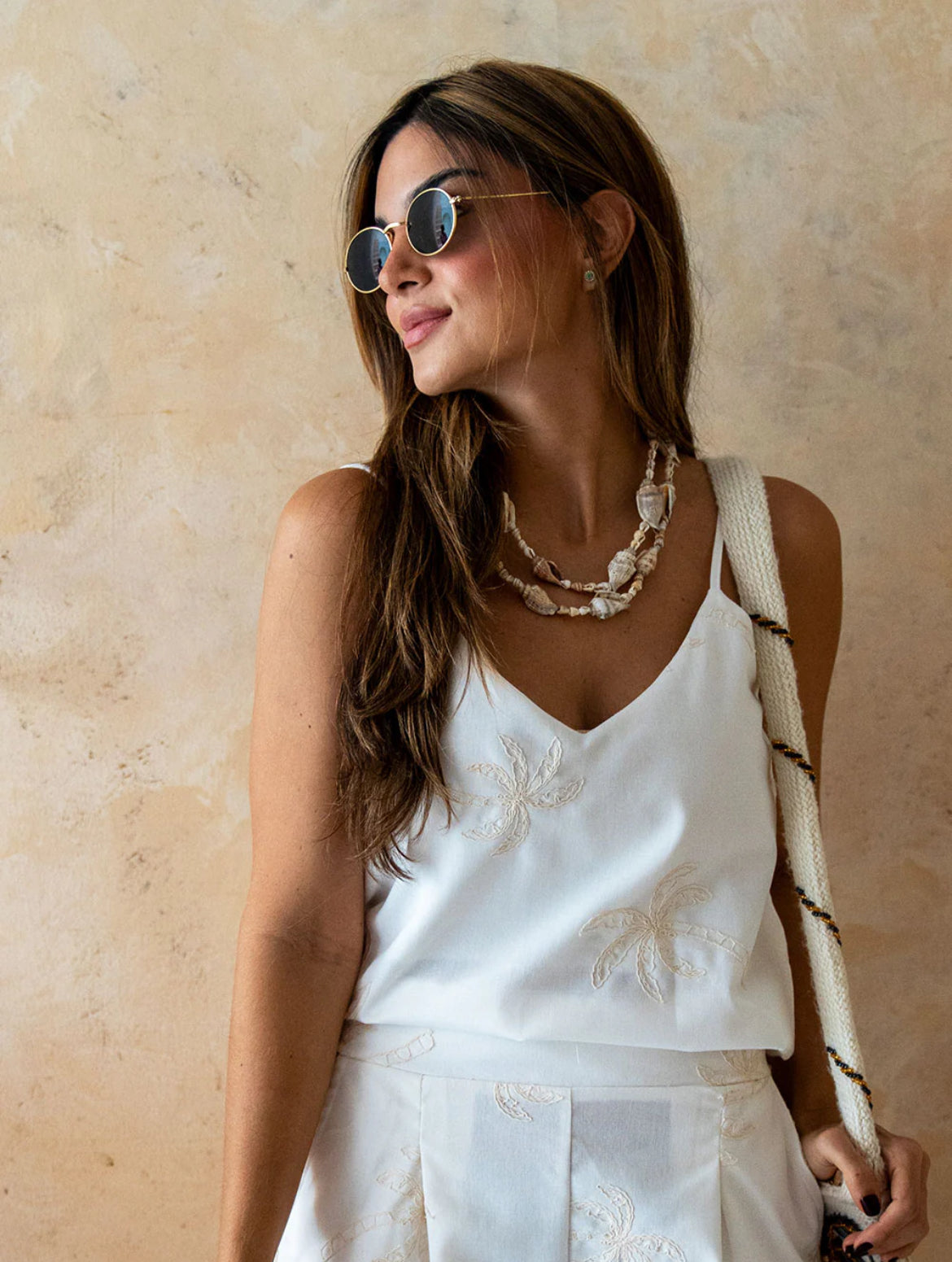 Blusa de Tiras Lino Bordada Marfil