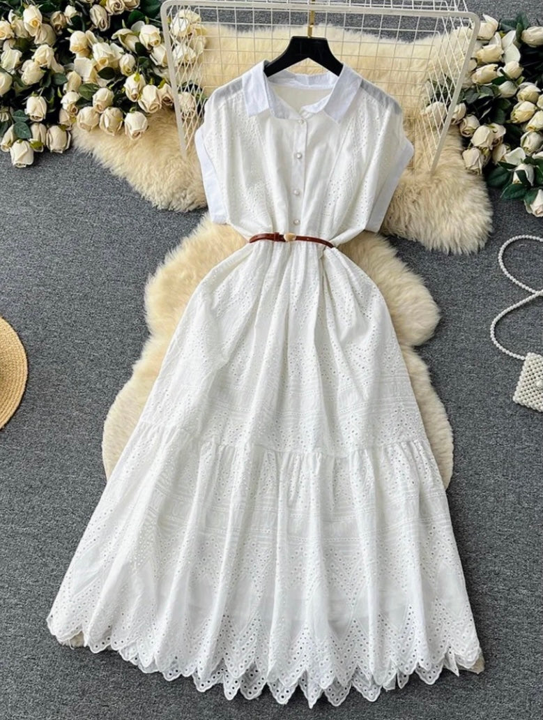 Vestido Blanco Romàntico Con Cuello