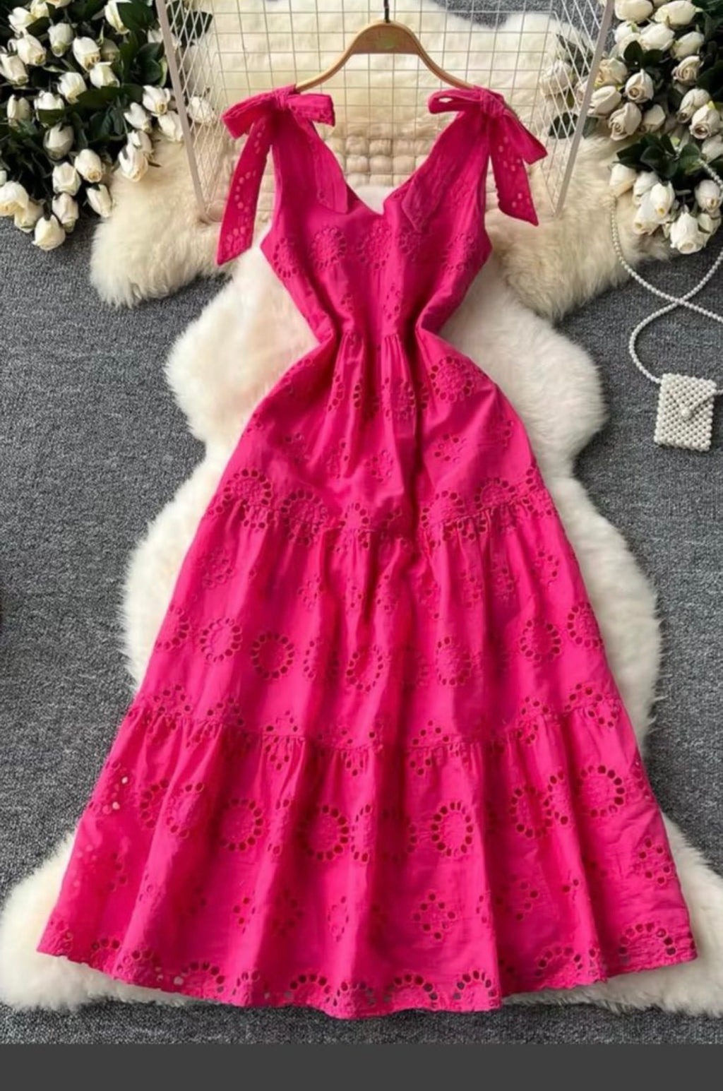 Vestido Con Encaje Broderie Fucsia